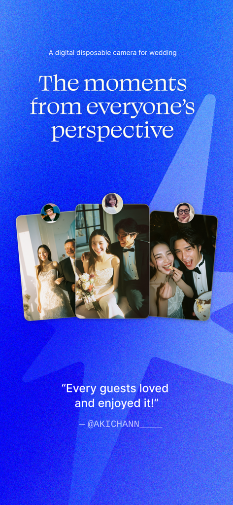 Screenshot of Moments Wedding Camera app showing photos from guests perspective and a positive user testimonial on a blue background