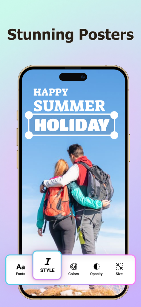 Flyer Maker - Make a Poster - Interfaz de la aplicación mostrando un diseño de póster de vacaciones de verano con herramientas de edición profesionales