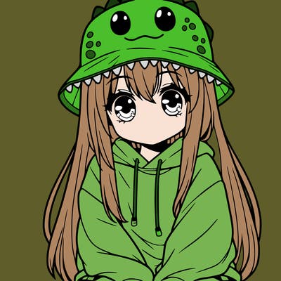 girl with anime shaped eyes with a dinosaur bucket hat oversized sweatshirt long straight hair
