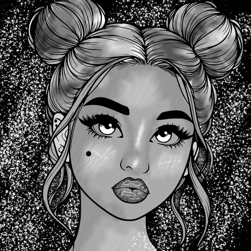 realistic girl with two buns on her hair and lips