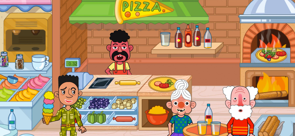 Diversos personagens de desenho animado explorando uma pizzaria e uma sorveteria em um shopping digital