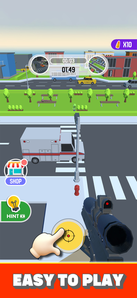 Sniper Siege: Camo Hunter - Captura de pantalla del juego de Sniper Siege Camo Hunter que muestra una vista de francotirador en primera persona en una ciudad de dibujos animados con el texto Easy to Play
