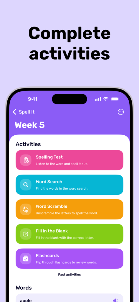 Spell It: Spelling Bee Games - Menü von Rechtschreibspielaktivitäten, einschließlich Rechtschreibtest, Wortsuche und Wort-Rallye