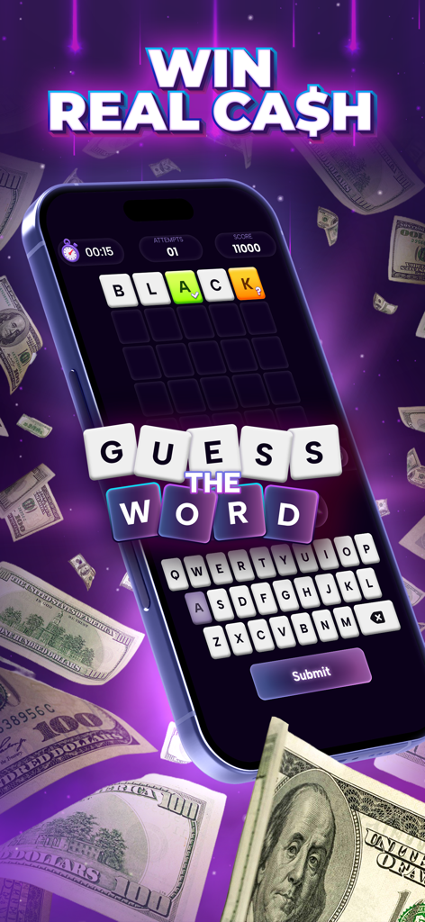 A smartphone displaying the Guess the Word game interface with floating US dollar bills and the text Win Real Cash.