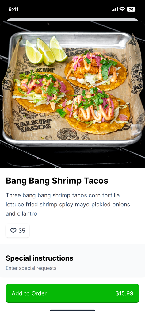 Talkin Tacos - Página de producto de Tacos de Camarones Bang Bang en la aplicación Talkin Tacos