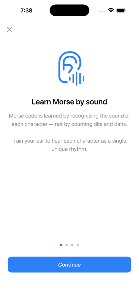 Morse Elmerアプリのオンボーディング画面。音とリズムでモールス信号を学習する方法を説明しています。