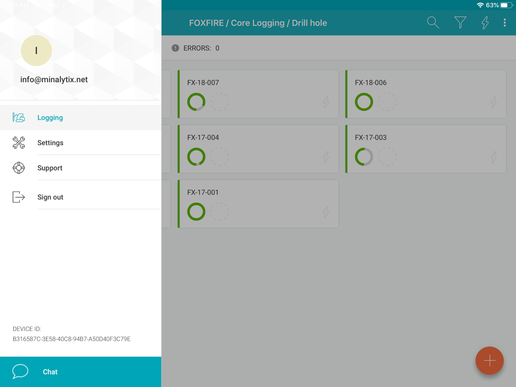 MX Deposit app interface showing a list of drill holes with progress status and a sidebar menu