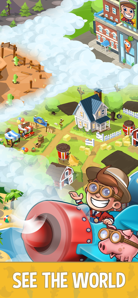 Idle Farming Empire - Cartoon farmer and pig flying a plane over various farm biomes with See the World text