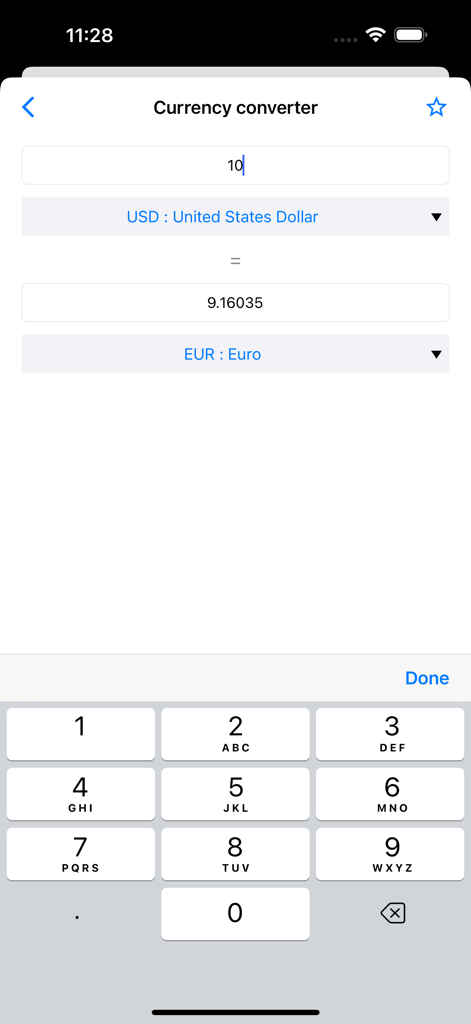 Currency converter screen in OneCalc app showing conversion from US Dollars to Euros