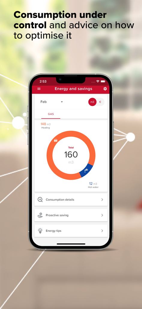 Ariston NET - Ariston NET app interface showing energy consumption data and savings tips for heating and hot water.