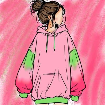 realistic girl with a oversized sweatshirt on and a bun