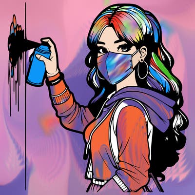 realistic girl with mask spray painting a wall