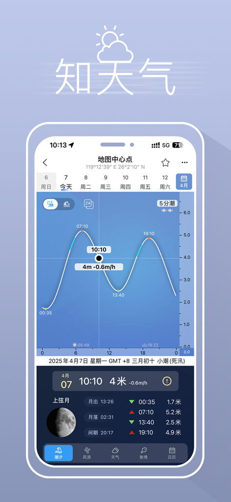 Catches Expert - Catches Expertのモバイルインターフェース。釣りのための潮汐チャートと月の満ち欠けが表示されています。