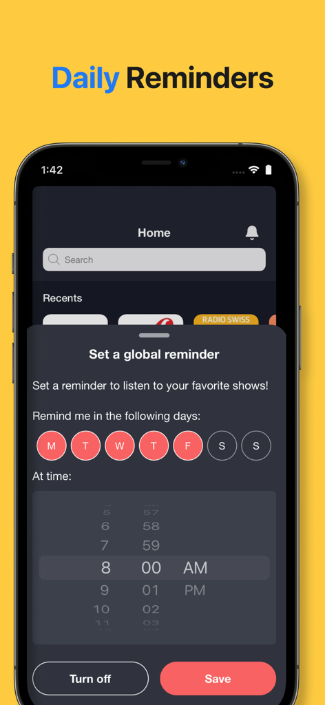 Radio‎‎ App Australia - Setup screen for daily reminders in the Radio App Australia mobile interface