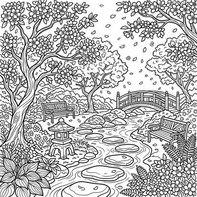 Step into a picturesque Japanese cherry blossom garden, perfect for mindful coloring. This detailed scene features iconic blooming trees, a quaint bridge, and serene stepping stones awaiting your artistic touch.