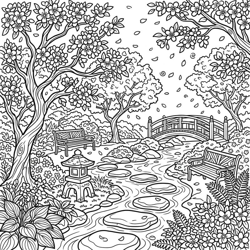 Step into a picturesque Japanese cherry blossom garden, perfect for mindful coloring. This detailed scene features iconic blooming trees, a quaint bridge, and serene stepping stones awaiting your artistic touch.
