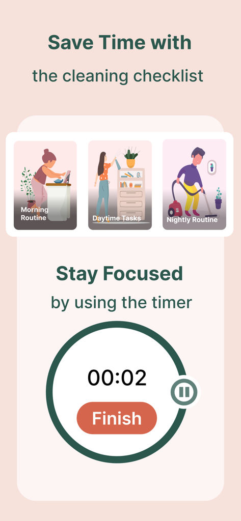 Tidy: House Cleaning Schedule - Tidy app interface featuring morning, daytime, and nightly cleaning checklists with a built-in focus timer.