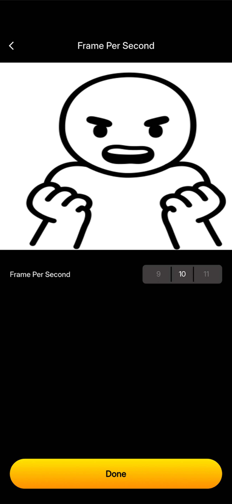 Flip Draw 2D Animation Creator - Screen in Flip Draw app for adjusting frames per second with a cartoon drawing of an angry character