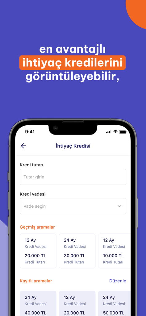 HangiKredi - Finansal Asistan - Mobile application interface for comparing personal loan offers and viewing search history