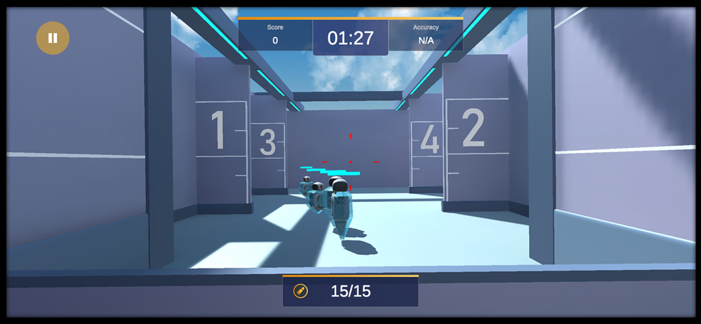 Shooting Lab Mobile - First person view of a virtual firearms training drill with targets and UI indicators.