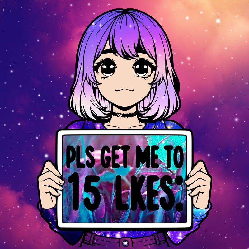 realistic girl holding up a sign that says “pls get me to 15 likes!”