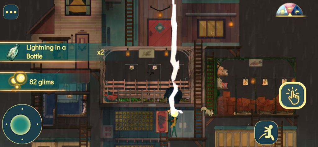 Stella collecting lightning in a bottle on her boat during a storm in Spiritfarer