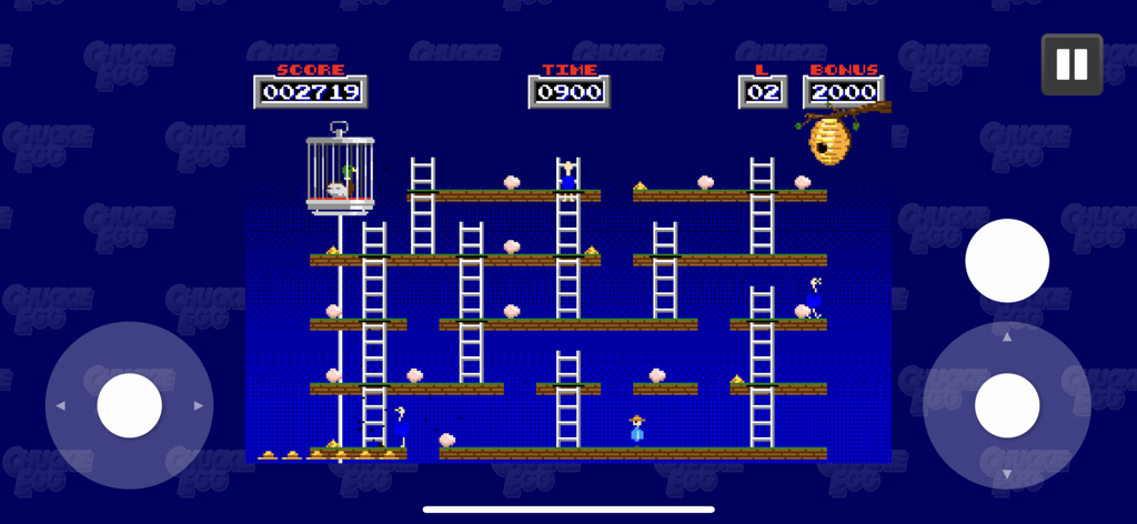 Chuckie Egg Remake - Jogabilidade de Chuckie Egg Remake mostrando Hen-House Harry em um nível de plataforma estilo 8 bits com escadas e ovos.