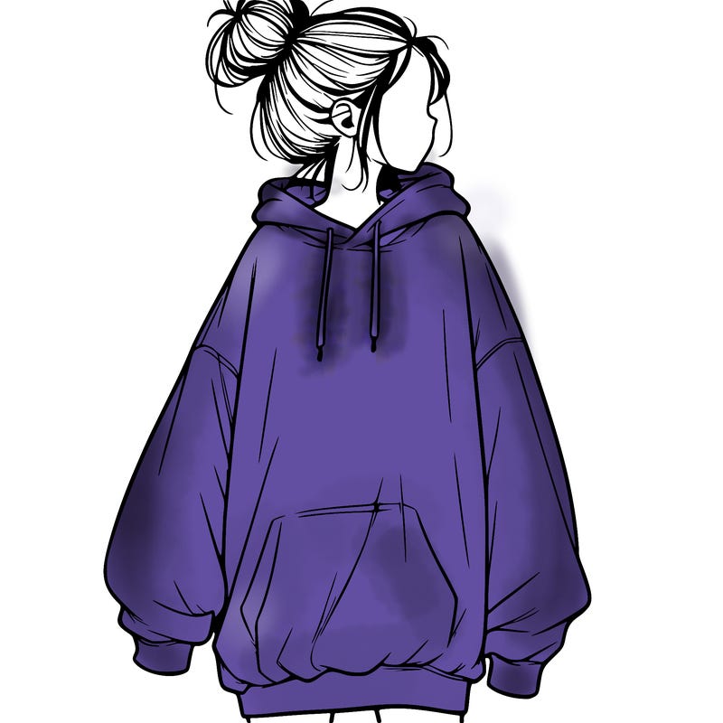 realistic girl with a oversized sweatshirt on and a bun