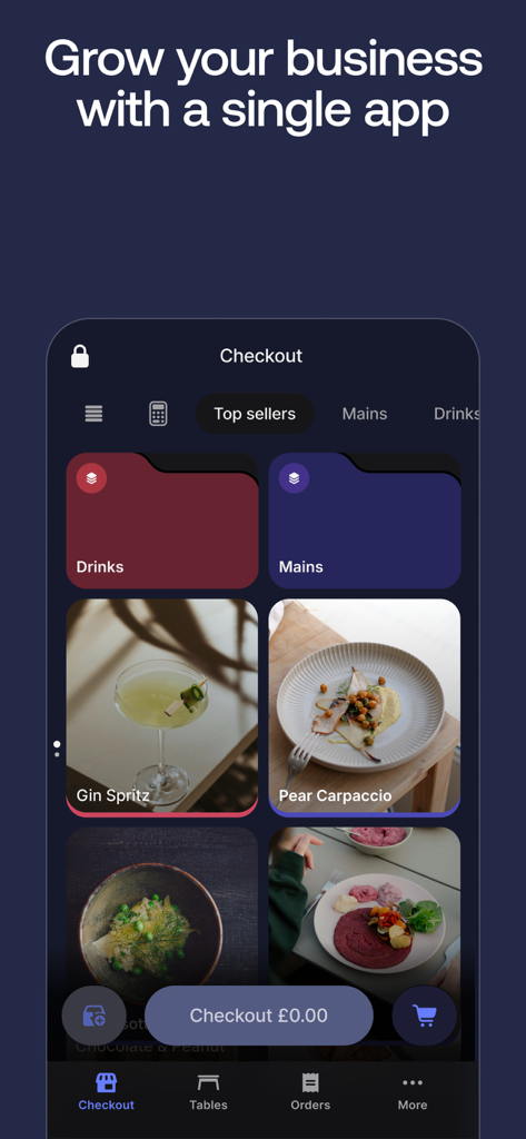 Revolut POS - Revolut POS app checkout interface displaying a digital menu with food and drink categories