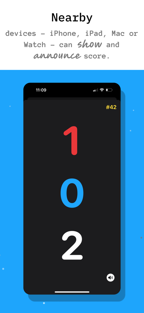 Side Out - Pickleball - An iPhone displaying a pickleball scoreboard with the score one zero two and text explaining that nearby devices can show and announce the score