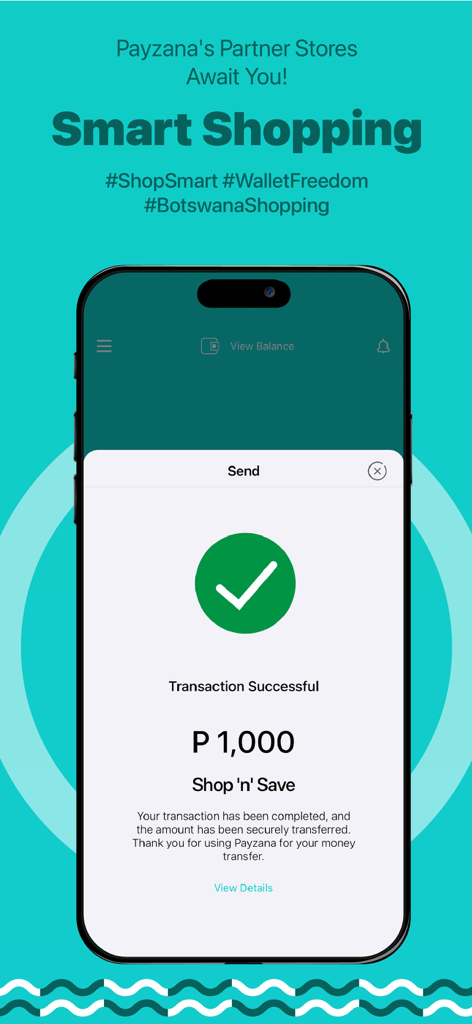 Payzana - A mobile screen showing a successful transaction of 1000 Pula on the Payzana app for smart shopping