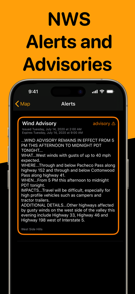 Weather on the Way - La aplicación El Tiempo en el Camino muestra una advertencia de viento del Servicio Meteorológico Nacional para una ruta de viaje.
