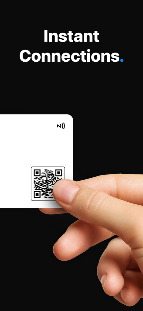 A hand holding a white digital business card featuring an NFC symbol and a QR code under the text Instant Connections.