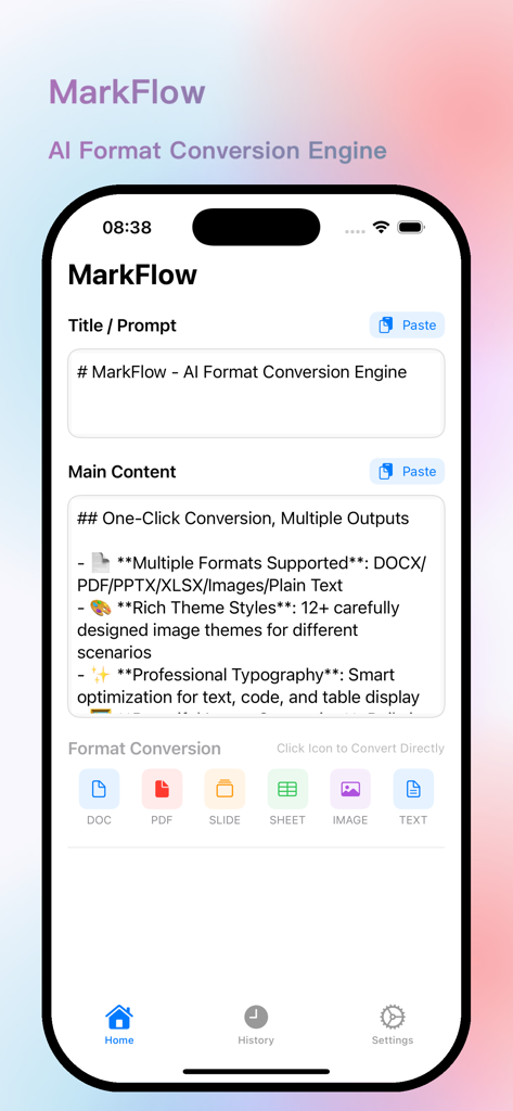 MarkFlow: AI Format Engine - Interfaz de la aplicación MarkFlow que muestra la entrada de texto Markdown y opciones de conversión de formato como PDF y DOCX.