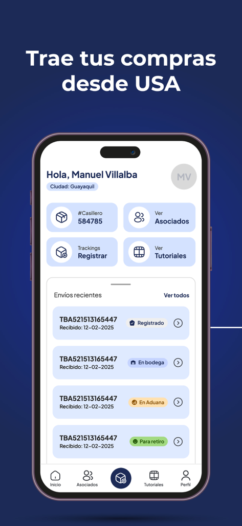 RioCargo Express - RioCargo Express app screen showing shipment tracking statuses for imports from the USA