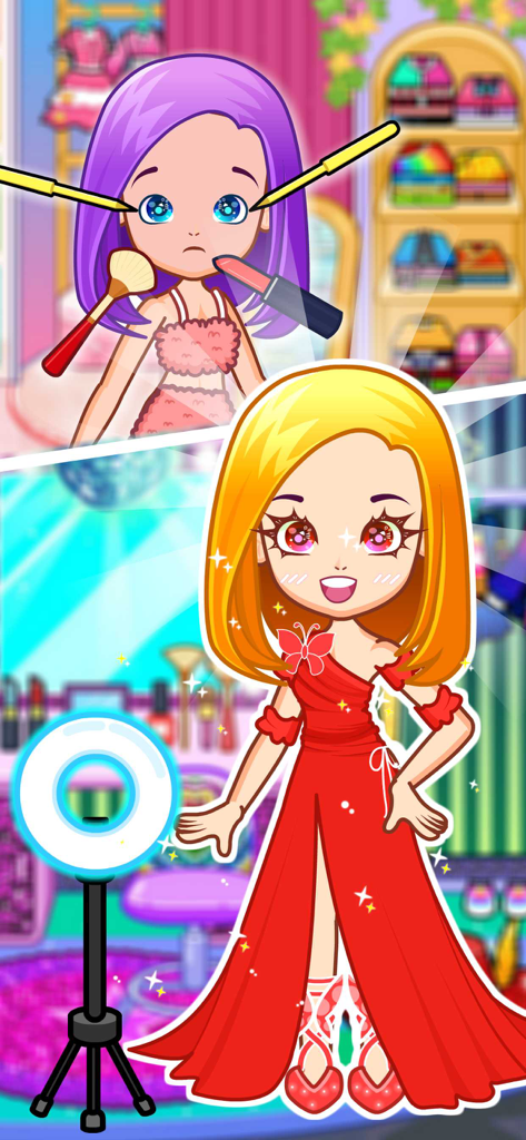 A cartoon girl getting makeup applied and posing in a stylish red dress for a photoshoot with a ring light