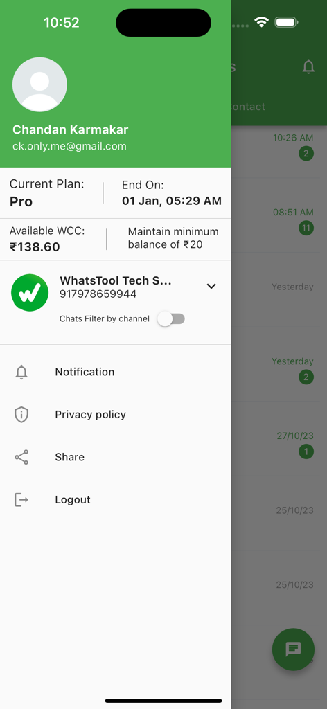 WhatsTool Business - Interface du menu latéral de WhatsTool Business montrant le profil de l'utilisateur et les détails du compte du plan Pro