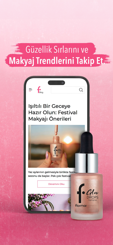 Flormar | Makyaj, Kozmetik - A smartphone displaying the Flormar beauty blog alongside a bottle of Glow Drops highlighter on a pink background.