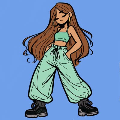 girl in baggy pants crop top and long hair