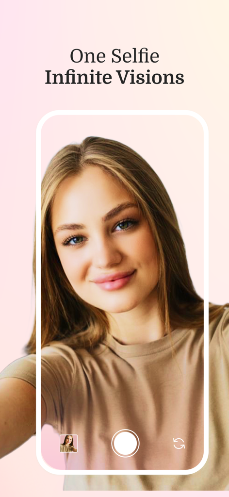 BecomeX: AI Vision Board - Interface of the BecomeX app showing a woman taking a selfie to generate AI vision boards