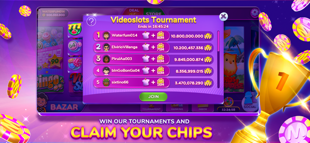 MundiGames - Social Casino - Rangliste für ein Videoslots-Turnier in der MundiGames-App mit Spielerplatzierungen und Chip-Preisen.