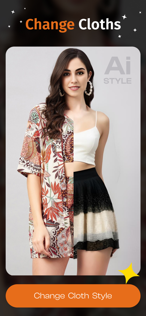 AIテクノロジーを使用してさまざまな服を試着している女性の分割画面ビジュアライゼーション