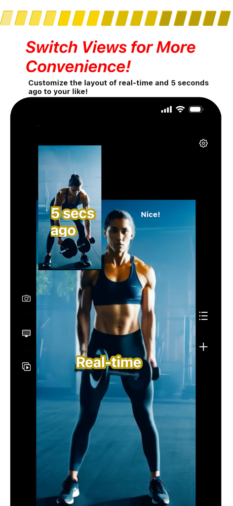 RePlayCamera - A woman lifting weights using RePlayCamera split screen featuring real-time and 5-second delayed footage