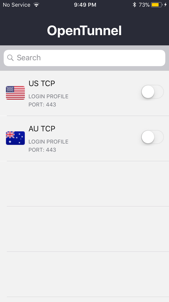 OpenTunnel - OpenTunnel app interface showing a list of VPN login profiles for US and AU regions with port 443 details.