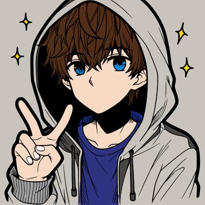 teenage manga boy in a hoodie, doing ✌