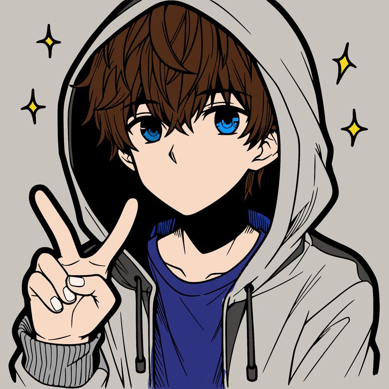 teenage manga boy in a hoodie, doing ✌