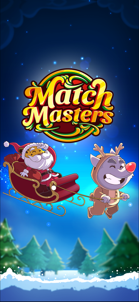 Match Masters game logo with Santa and reindeer characters in a snowy winter landscape