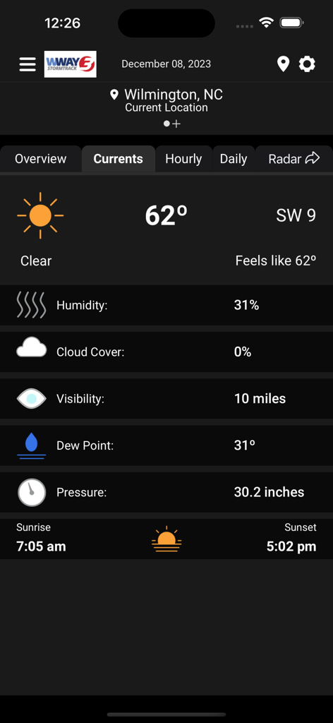 Condizioni meteo attuali a Wilmington NC sull'app WWAY StormTrack 3 che mostra 62 gradi e cielo sereno