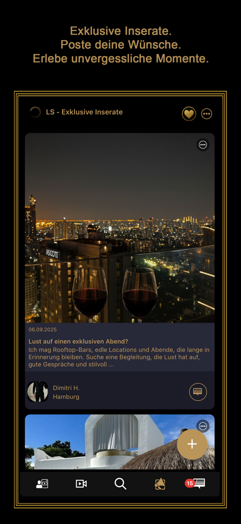 LuxurySecret: Dating & Love - LuxurySecret dating app interface showing exclusive lifestyle ads with a rooftop city view