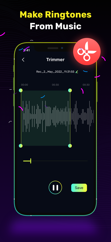 Ringtones & Live Wallpaper - Smartphone screen displaying an audio trimmer tool to create ringtones from music.
